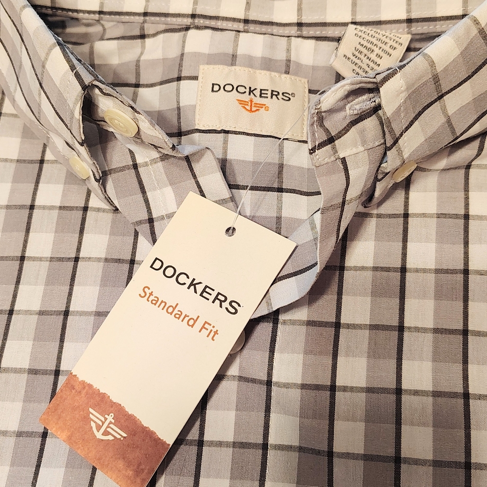 Dockers Plaid Button-Down Shirt - Gray and White